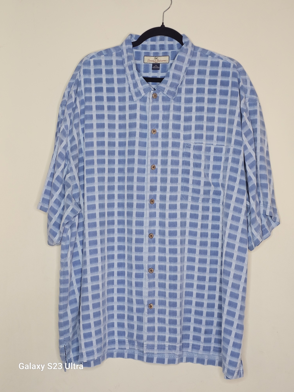 Tommy Bahama 100% Silk Light Blue Checked Short-Sleeve Camp Shirt